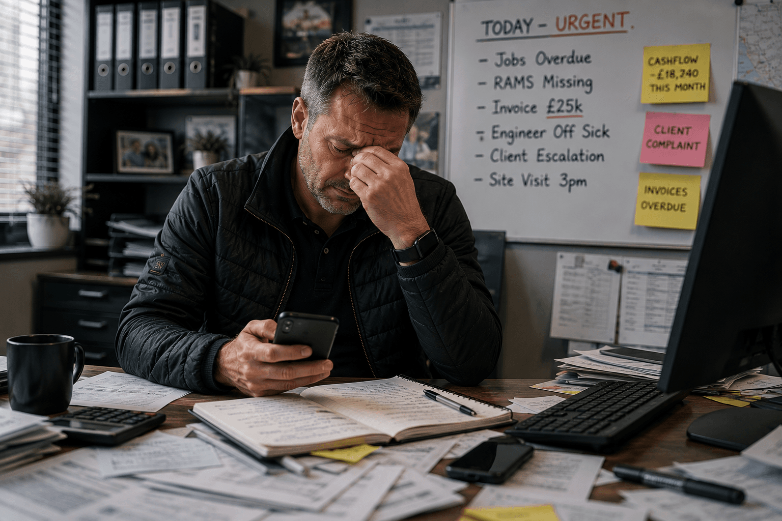 Trades business owner surrounded by paperwork and operational systems.
